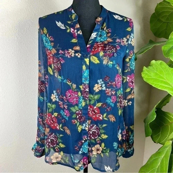 KUT from the Kloth Sheer Navy Blue Floral Blouse with Tabs for 3/4 Sleeves - Picture 1 of 15